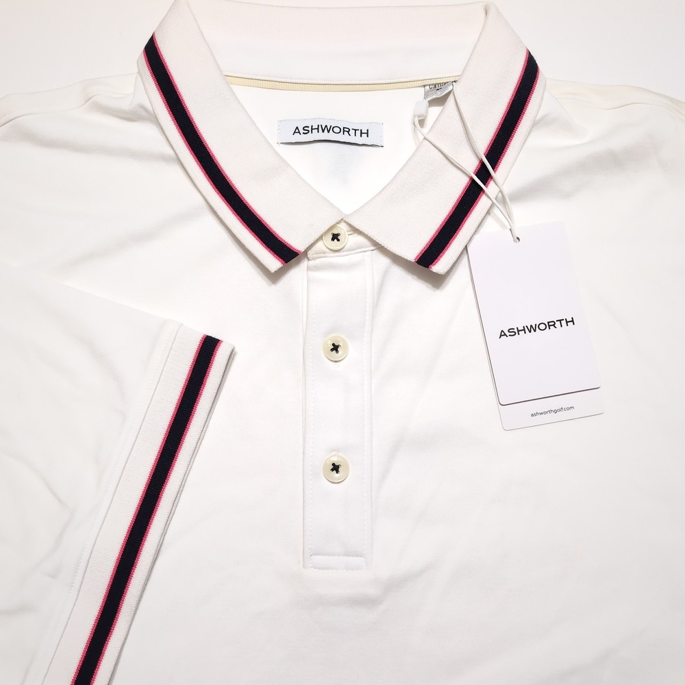 ASHWORTH Golf Polo Mens Large White Pink NWT Pima Cotton Blend Tipped Collar